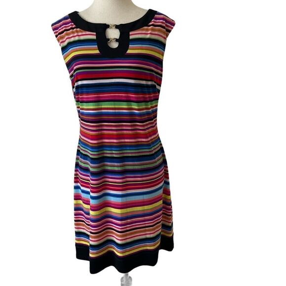 Vintage Maggy London Colorful Striped Cap Sleeve Stretchy Dress - Picture 1 of 7